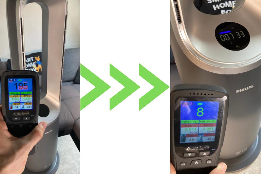 Das Luftmessgerät wird neben dem Luftreiniger Philips Air Performer 8000 zum Anfang des Luftreinigungstests und zum Ende gezeigt, zu sehen sind die Messwerte im Test wie PM10, Pm2,5 TVOC und HCHO.